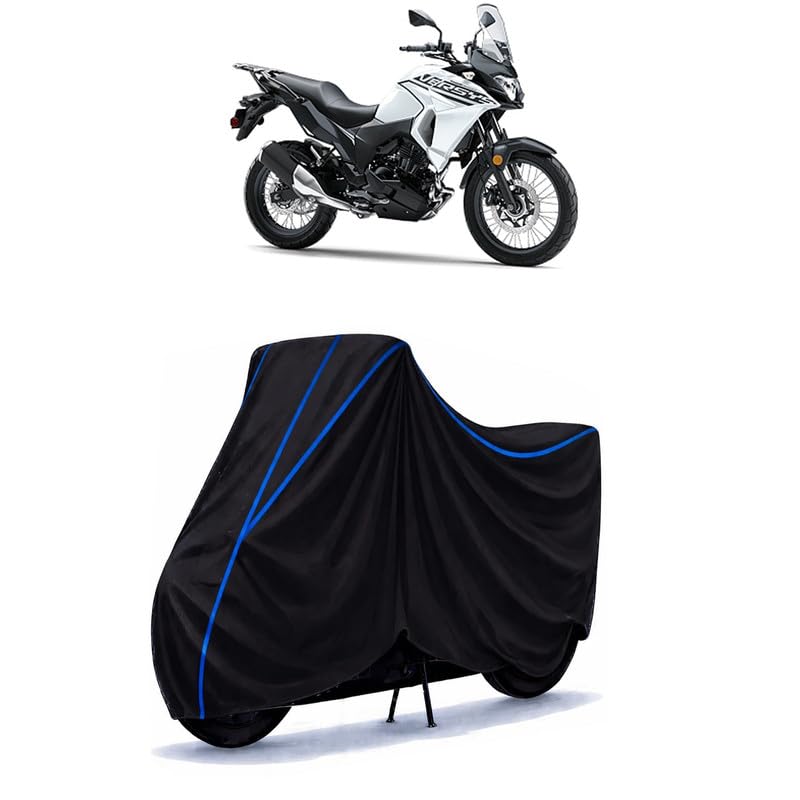 Image of Versys-X 300 Bike Cover Water Resistant Universal Motorcycle Rain | Heavy Duty UV Protection, Dust, Scratch Indoor Outdoor All Weather with Black Blue Piping Elastic