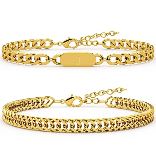 Pulsera cubana con letra inicial en acero inoxidable dorado set 2 piezas miniatura 1