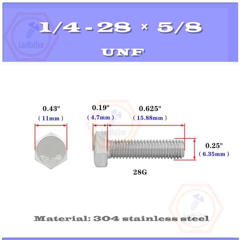25 piezas 1/4-28×5/8 Tornillos de cabeza hexagonal de acero inoxidable 304 de fabricación británica y estadounidense, tornillos hexagonales, pernos hexagonales