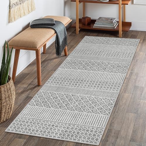 Lahome Farmhouse Geo 3x5 Rug Indoor Door Rug, Washable Gray Entry Way Rug Ultra Thin Entrance Area Rug, Moroccan Geometric Non-Slip Kitchen Rugs Floor Carpet for Laundry Room Bedroom Grey 3'