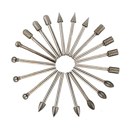 SUKEO 1/8 Inch Shank Diamond Rotary Grinding Head Burr Drill Bits Sets for Dremel Rotary Tool (Pack of 20)