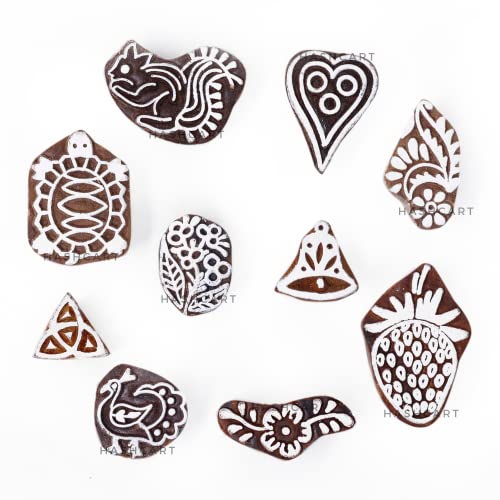 Image of Hashcart | Set of 10 | Wooden Stamps Multi Shapes Floral, Fruit & Animal Blocks for Scrapbooking | Handmade Baren for Project Designing | Fabric Textile | Clay | Pottery Craft | Art Craft