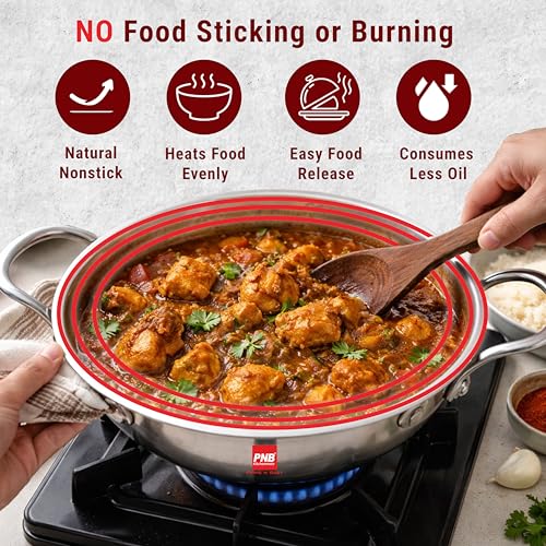 Image of PNB Kitchenmate Triply Stainless Steel kadai - 3.25 Liter| Induction Compatible triply kadai with lid | Stainless Steel cookware | Try ply cookware for Indian Cooking |Dishwasher Safe|5 Year Warranty