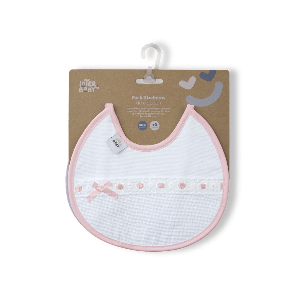 Interbaby Pack of 2 round bibs with ribbon loops and embroidered strip in pink and grey