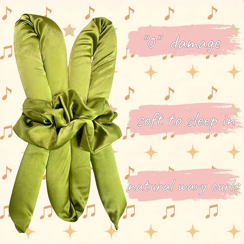 Serenade Satin Heatless Curls Overnight for Long Hair, Heatless Hair curler for Women and Girls, No Heat Curling Rods with Satin Scrunchies and Clip, Green