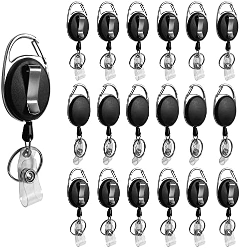 Diateklity 20 Pack Retractable Badge Holder with Carabiner Reel Clip, Bulk ID Card Key Holder with Ring, Heavy Duty Black Key Chain Extender for Office Work Employee