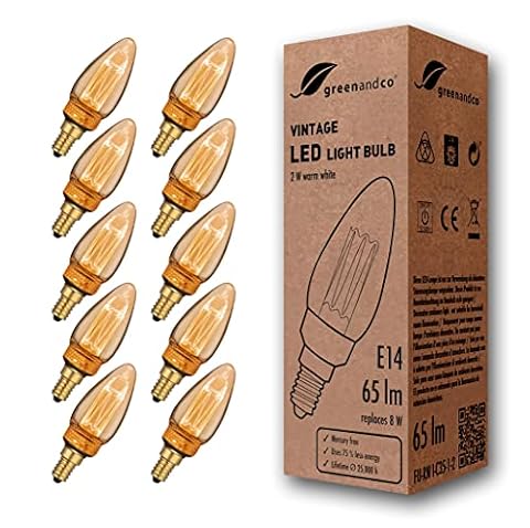 greenandco 10x Vintage Design Żarówka LED do nastrojowego oświetlenia | E14 C35 | bursztynowa | 2W 65lm | 1800K bardzo ciepła biel | 320° | 230V | bez migotania | nieściemnialna | żarówka Edisona