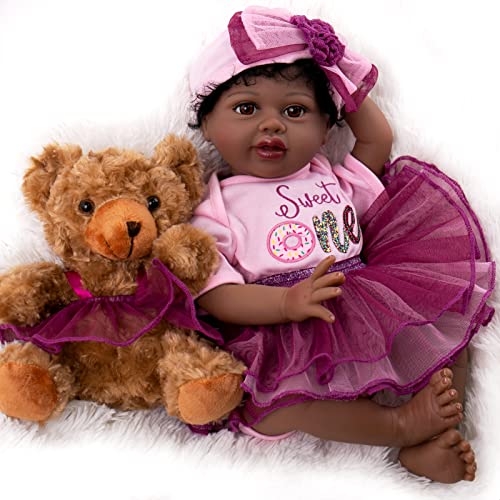 Aori Reborn Baby Dolls Black 22 Inch Realistic African American Newborn Girl Handmade Biracial Weighted Doll With Purple Tulle Gift Accessories #TOP4