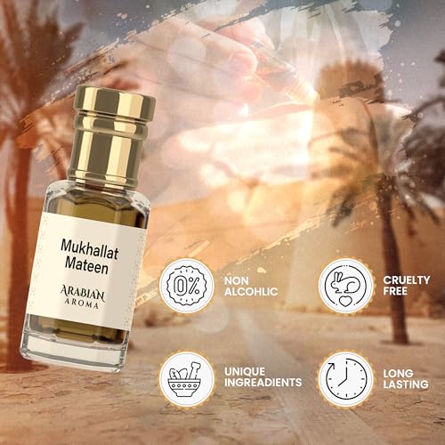 Image of Arabian Aroma Mukhallat Mateen Attar | Saffron, Rose & Sandalwood Attar | Alcohol-Free, Long-Lasting | 100% Pure Perfume | Itra Perfume For Men | Fresh Oriental Ittar (6ml)