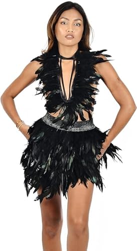 Conjunto de falda sexy de plumas de 2 piezas para mujer, conjunto de falda de fiesta con parte superior de plumas huecas, Natural, XL/XXL