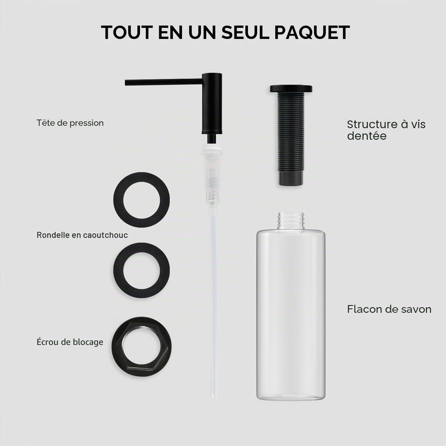 Distributeur Savon Encastrable AIKE pour Cuisine et Salle de Bain, avec Pompe en Acier Inoxydable, Bouteille de 500 ML, Remplissage du Haut, Noir