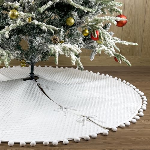 48-Inch Snowy White Christmas Tree Skirt with Fluffy Pom-Poms and Elegant Lace Ties