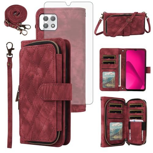 Étui portefeuille T-Mobile Revvl 7 5G avec fermeture éclair et verre trempé inclus