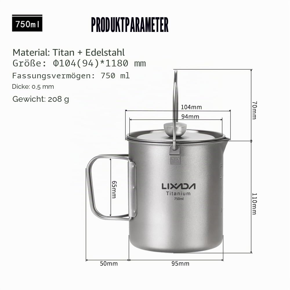 Lixada Camping Titanium Kaffeetasse 750ml Tragbar mit Deckel