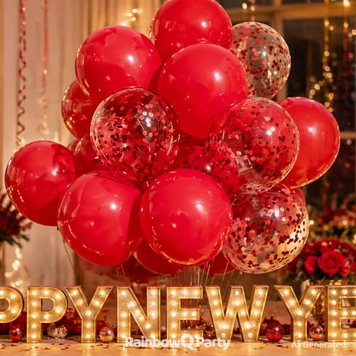Image of Red Latex Balloons: 55Pcs 12 inch Red Confetti Party Balloons Mat Helium Latex Balloon Ribbons for Birthday Anniversary Valentine's Day Wedding Decoration