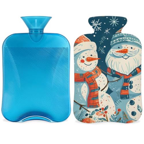 Hot Water Bottle with Soft Cover,2L Christmas Snowman Hot Water Bag for Hot and Cold Compress, Hand Feet Warmer, Watercolor Snowman Rubber Hot or Cold Water Bottle Halloween Christmas Decorations
