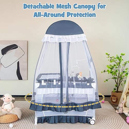 Image of BABY JOY 4 in 1 Pack and Play with Canopy, Portable Baby Playard with Bassinet, Double-Layer Baby Crib, Wheels & Brake, Foldable Baby Girl Pink Bassinet from Newborn to Toddler