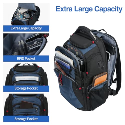 Image of KROSER TSA Friendly Travel Laptop Backpack 17.3 inch XXXL Gaming Backpack Water-Repellent College Daypack Business Backpack with RFID Pockets & USB Port for Men /Women-Black /Haze Blue