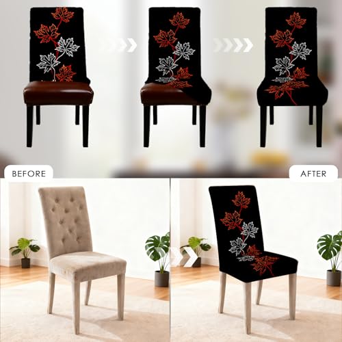 Image of Nuxovilar 6PCS Maple Leaf Black Background Stretch Chair Covers | Stretch Slipcover Autumn Protector Maple Leaf Wrap Seat Guard Dining Room Theme Kitchen Cafe (Autumn Maple)
