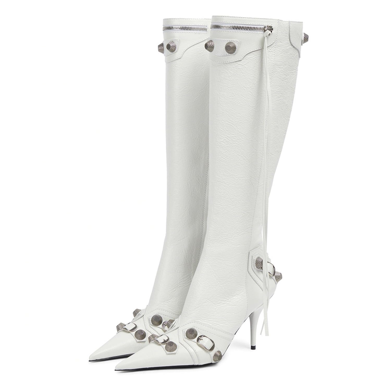 bbruriy Womens Knee high Boots Pointed Toe Stiletto Heels Side Zipper Design and Studded Thigh High Boots Fall