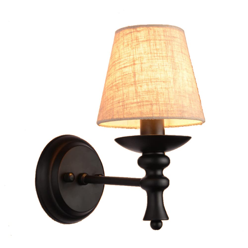 SXSCARKX Fabric Wall Sconce Lighting Shade Matte Black Metal Mount Lamp, E14 Headboard Fixture Bedside Reading Lamps Retro Sconces for Living Room Hotel