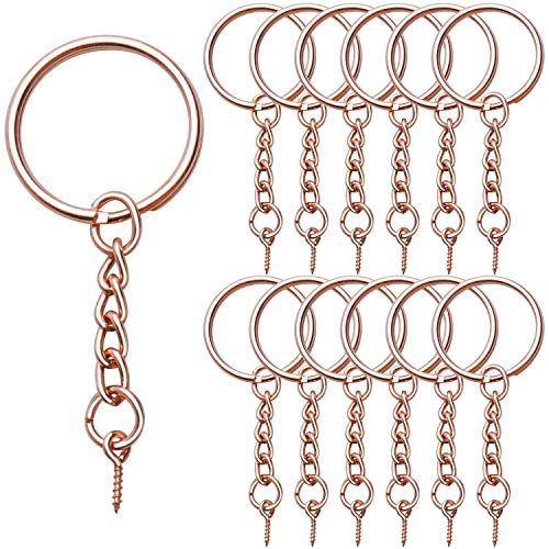 BronaGrand 50pcs 25mm Split Key Ring with Extend Chain and 12mm Screw Eye Pin for Craft Charm Making,Rose Gold