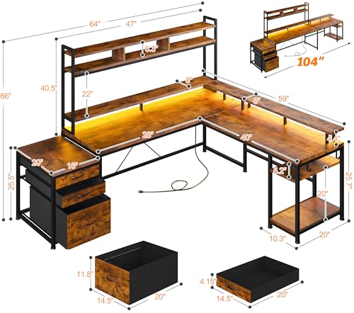 Image of EnHomee 104 inch L Shaped Desk, 4 Layout Convertible RGB Lights & Monitor Stand | 4-Layout L Shaped Home Workstation, 64-104 inchExpandable, Charging Ports, Dual Mounts & Storage for Remote Workers, Designers