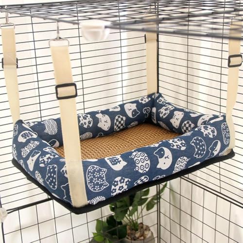 VesVas 猫用ハンモック ペットケージ専用吊りベッド 四隅紐固定式設計 ずり落ち防止機能 通気性に 素材 四季を通じて使用可能 丸洗い対応 日向ぼっこ用 省スペース収納 猫の安眠と休息をサポート ペットハウスとしても活用可能(S:直径37CM,ブルー(