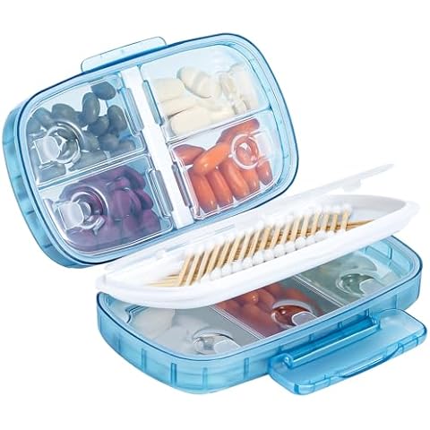 Daviky Travel Pill Organizer, Weekly Pill Dispenser 1 Time a Day, Large Pill Box, Moisture Proof 8 Compartment Pill Case, Portable Pill Holder for Medicines, Supplements and Vitamins (Blue) Cover