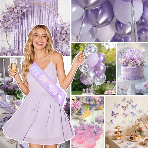 Purple Birthday Decorations for Women Girls, Lavender Silver Metallic Balloons Glitter Sash Fringe Curtain Butterfly Decor Cake Topper Happy Birthday Banner Butterfly Party Decorations Lavender Bday - Image 5