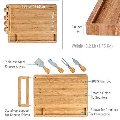 Bambus Käsebrett mit Käsemesser Set 35x28cm – Servierplatte aus Holz für Käse & Häppchen...