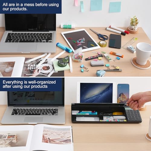 Image of Small Glass Desktop Whiteboard Dry-Erase-Board - Computer Keyboard Stand with Calculator White Board Surface Pad with Drawer, Desk Organizers with Accessories for Office, Home, School Supplies - Black