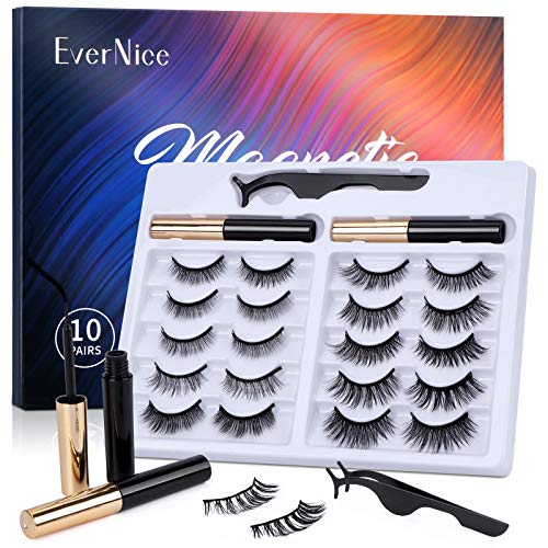 Magnetic Eyelashes with Eyeliner kit, Natural Look Strong Magnetic Eyeliner and 10 Pairs Lashes Set by EverNice for Daily Life&Party Styles,Reusable Eyelashes with Tweezers,No Glue Needed