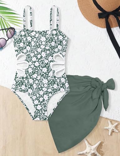 Image of Girls Swimsuit Adjustable Straps Cut Out One Piece Bathing Suit with Solid Color Cover Up Skirt Girls' Swimwear 5-16Y