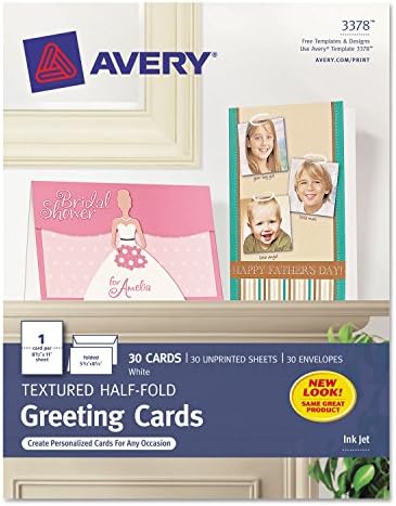 Avery 3378 Textured Half-Fold Greeting Cards, Inkjet, 5 1/2 x 8 1/2, White, Envelopes Included (Box of 30)