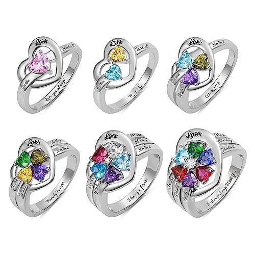 3UMeter 925 Sterling Silver Custom Birthstone Rings for Women 1-8 Birthstones Mothers Ring Custom Engraved Mother Daughter Rings Anniversary Promise Rings for Mom Grandma Women Wife