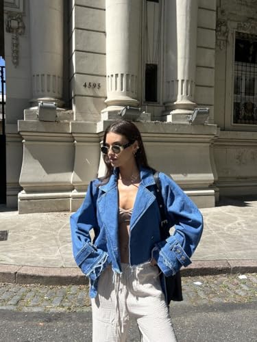 utcoco Women's 2025 Fashion Cropped Jean Jacket Casual Lapel Collar Short Denim Jacket with Belt3