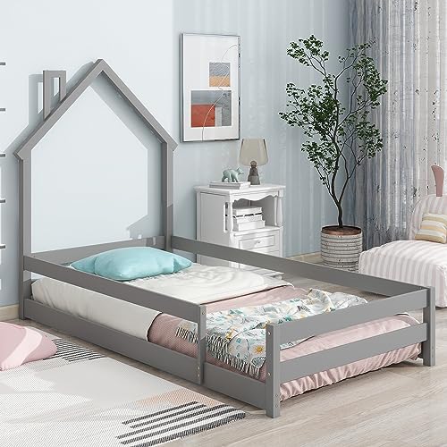 Harper & Bright Designs Twin Size Floor Bed with Rails, Twin Montessori Floor Bed Wood Frame with House-Shaped Headboard, Box Spring Needed, for Kids Teens Girls Boys (Gray)