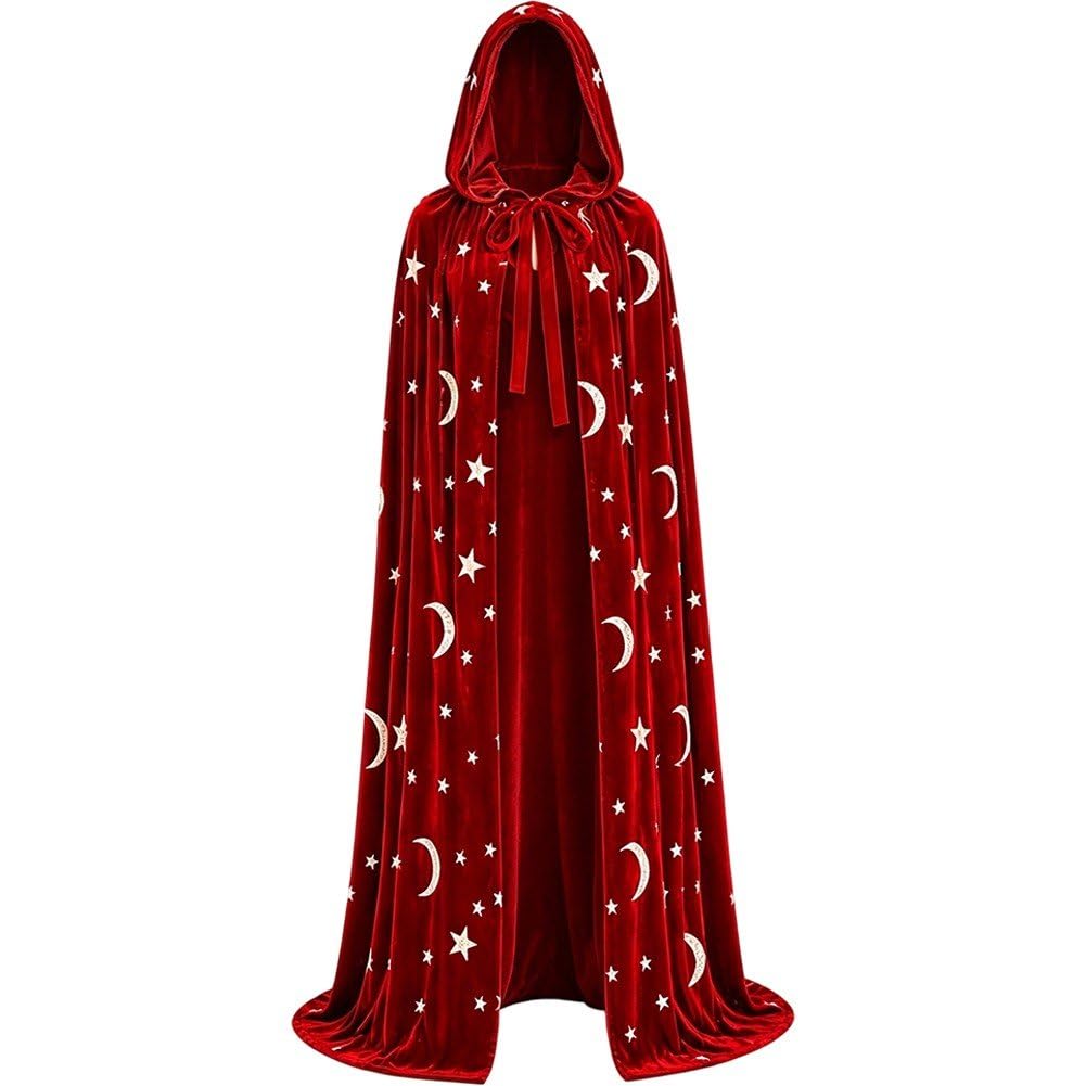 Sslvya Moon and Star Print Hooded Cloak Velvet Cape with Hood Halloween Capes Witch Costume Vampire Cloak Wizard Robe Halloween Cosplay Costume