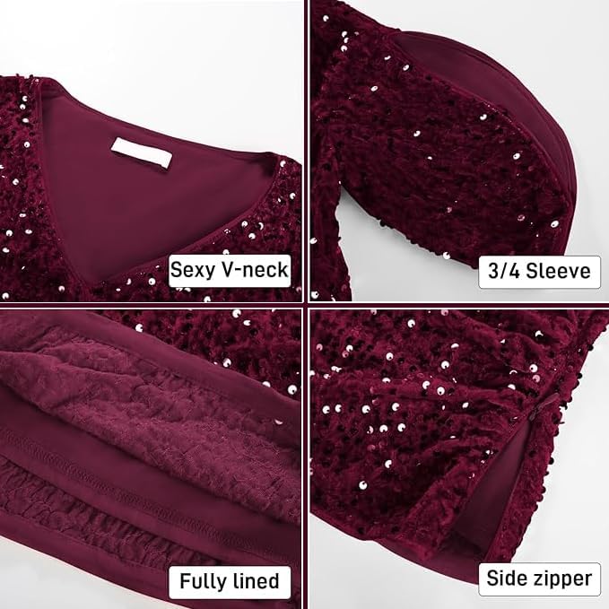 Womens Sequin Tops 3/4 Sleeve Sparkly Tops V Neck Velvet Sequin Shirt Concert Party Club Glitter Top - Image 5