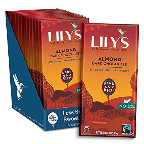 Almond Dark Chocolate Bar by Lily's | Stevia Sweetened, No Added Sugar, Low-Carb, Keto Friendly | 55% Cocoa | Fair Trade, Gluten-Free & Non-GMO | 3 ounce, 12-Pack