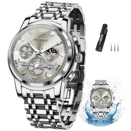 OLEVS Large Grey Dial Watches for Men Sliver Stainless Steel Strap Mens Watches Chronograph Watch Male Waterproof Analog Quartz Men Wrist Watch Relojes para Hombre Diamond Luxury