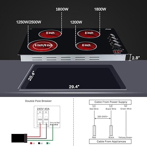 Miniatura 6 de ThermoMate Estufa eléctrica de 30 pulgadas, 4 quemadores con certificación ETL, control de perilla con placa eléctrica radiante integrada, panel de