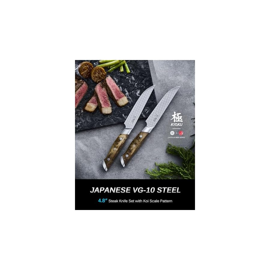 KYOKU 4.8" Steak Knife Set of 4 with Non-Stick Koi Scale Pattern, Japanese VG10 Stainless Steel Steak Knives with Sheath Gift Box, Shogun Koi Series Full Tang Knives for Steak with Camphorwood Handles