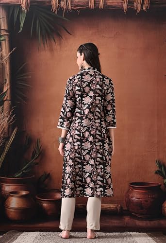 Image of Ichaa Women's Pure Cotton A-Line Ethnic V-Neck Kurta with 3 /4th Sleeve for Daily and Office Wear, in Plus Sizes