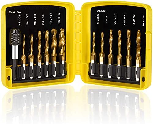 THINKWORK Combination Drill Tap & Tap Bit Set, 3-in-1 Titanium Coated Screw Tapping Bit Tool for Drilling, Tapping, Countersinking, with Quick-Change Adapter, 13 PCS SAE/Metric