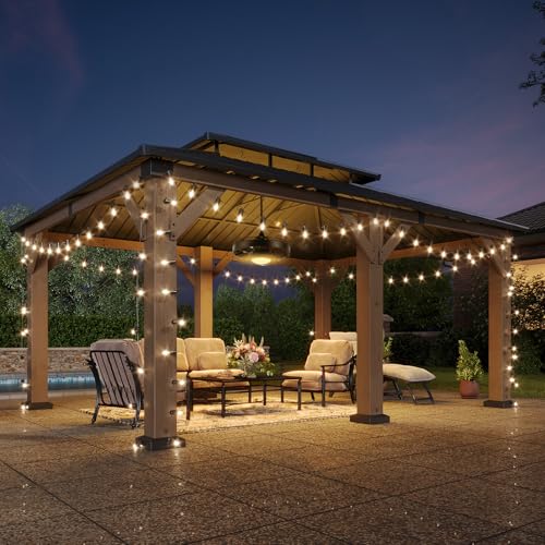 Image of Aoxun 12' x 20' Outdoor Wood Gazebo, Hardtop Gazebo with Galvanized Steel Roof, Permanent Wooden Pavilion with Ceiling Fan, for Backyard, Cedar Wood, Grey