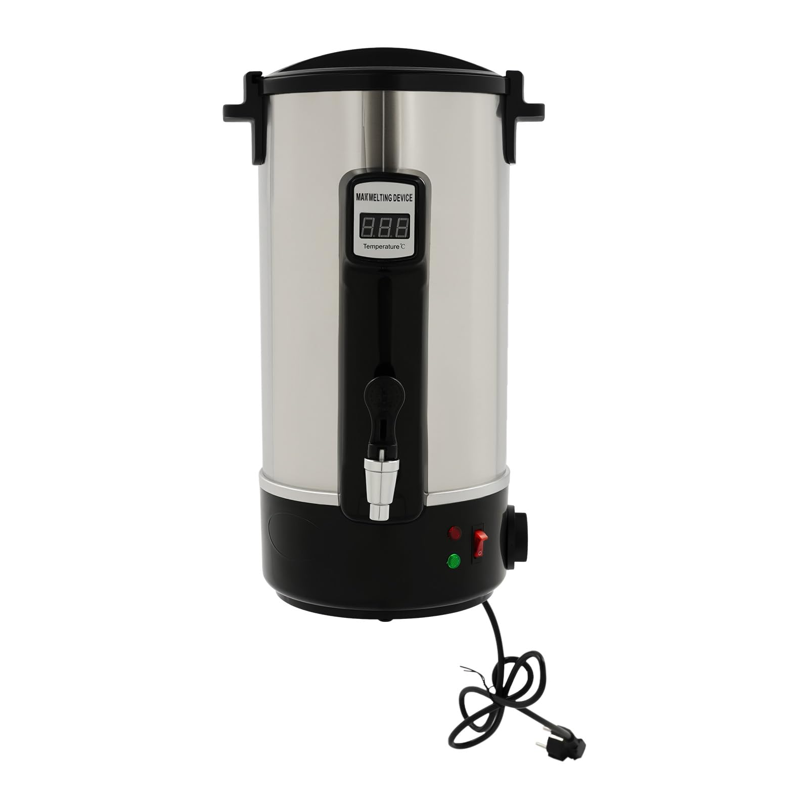 Zalydala Garnek do topienia wosku, stal nierdzewna 10 l, 1100 W, regulacja temperatury 30-110°C, z kurkiem spustowym i diodą LED, do produkcji świec sojowych, parafinowych, pszczelich