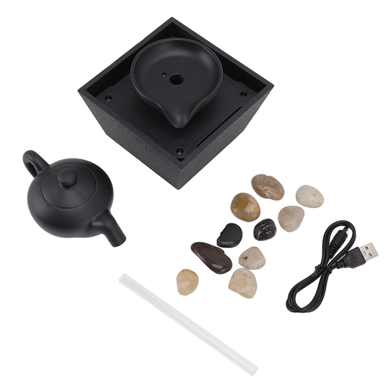 Tabletop Teapot Water Fountain Ornament USB Battery Power Supply LED Lights Stones with for Living Room, Office, Home Decor