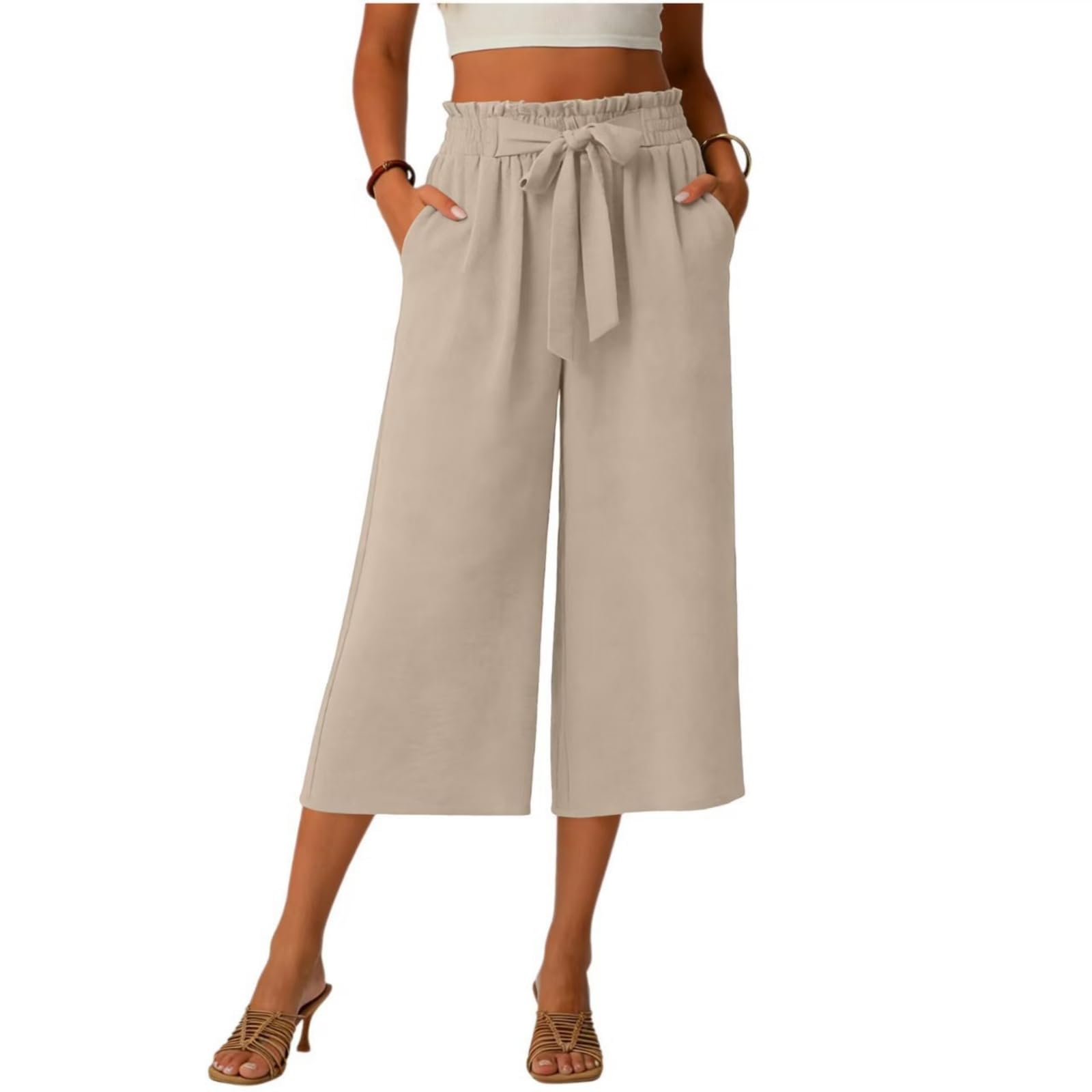 Pantalon 3/4 Femme Été Vetement Solde Taille Haute Chic et Elegant | Décontracté Pantacourt Élastiqué Coupe Ample Fluide et Légère Corsaire